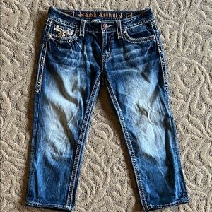 Rock Revival Blue Washed Capri Jeans with Embroidered Accents